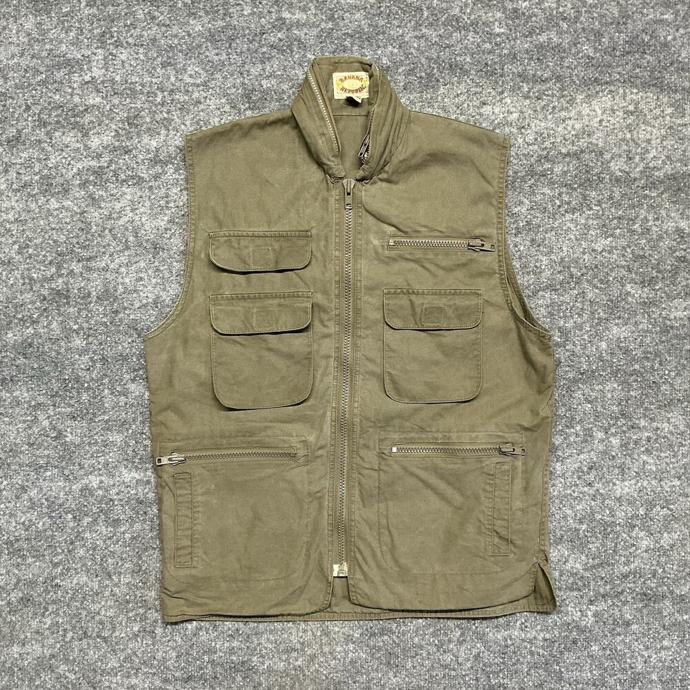 1980s Vintage Banana Republic Men’s Olive Green Utility Vest Medium